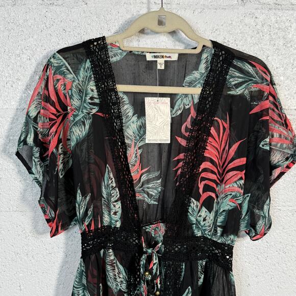 Miken Juniors' Crochet-Trim Kimono Cover-Up black/wild watermelon XS - Picture 2 of 6